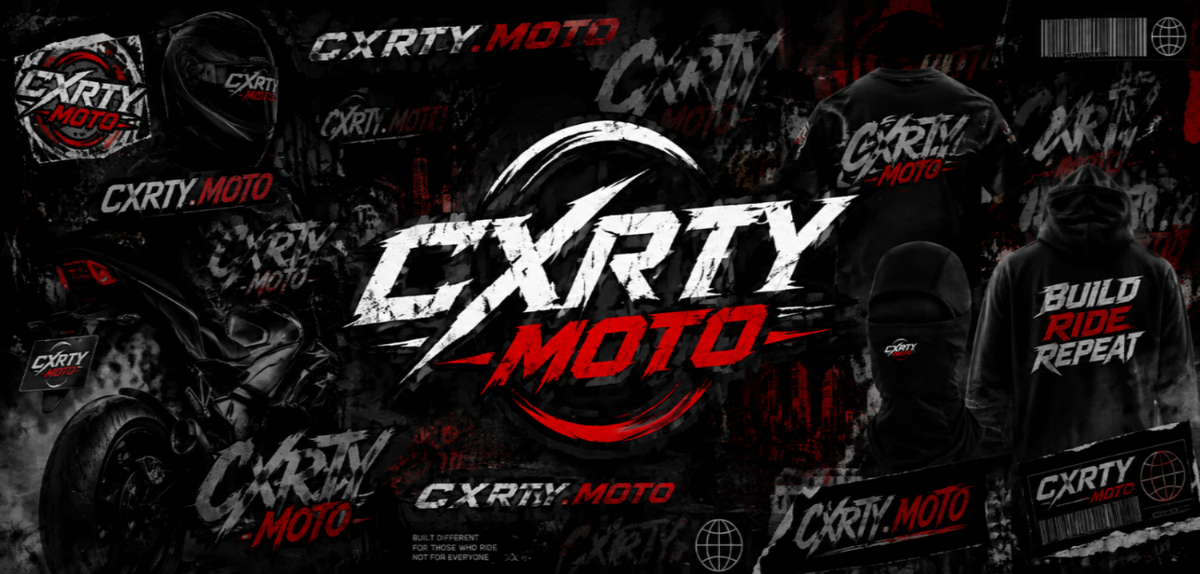 A dark promotional graphic for CXRTY MOTO, featuring large white and red logo text over a black background with repeated brand marks, rider silhouettes, and motorcycle imagery.